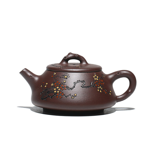 Yixing Zisha Purple Clay Hand-carved Plum Blossom Teapot