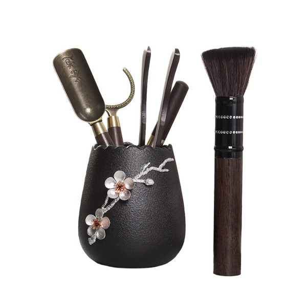 Ebony & Ceramic Tea Utensils Set With Plum Blossom