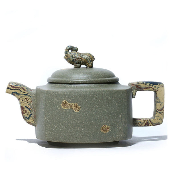 Yixing Green Clay Square Auspicious Zisha Pot